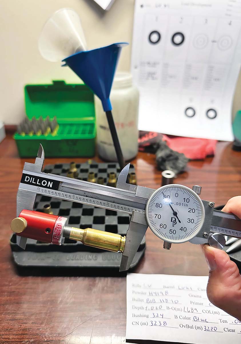 The greatest precision may be found when the bullet is “jammed” into the rifling. For competition rifles, this benefit outweighs the risk of sticking a bullet when the unfired round is ejected. The same is not true for hunting rifles – +.005 inches should be the maximum jam, with jump being preferred. A few tenths in group size won’t ruin the hunt. A stuck bullet can.